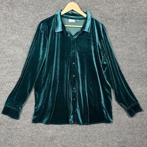 Joan Rivers Sz XL Shirt Blouse Velvet Teal Shiny Button Up Long Sleeves Stretch
